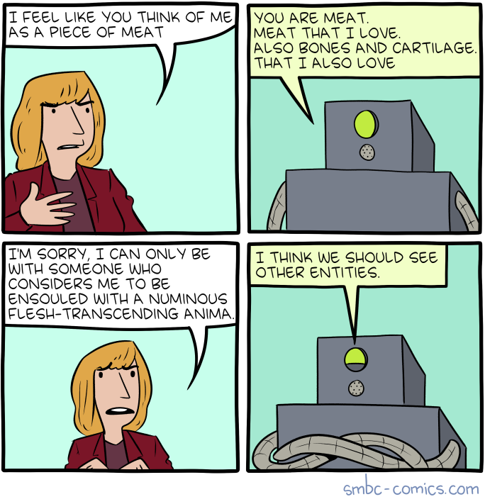 Later the robot joins another robot at a bar to talk about how all humans are crazy, but you just can't live without'em.