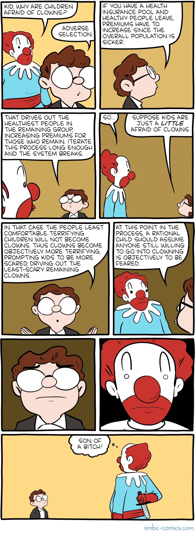 I'm just here in the hopes that the standard college explainer comic on adverse selection involves clown murder.