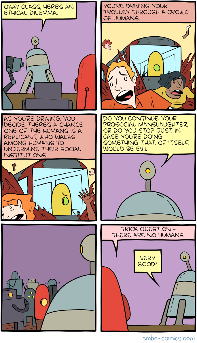 The actual answer to the trolley problem is that on a sufficiently large time scale none of it matters anyway, so just go with your gut.