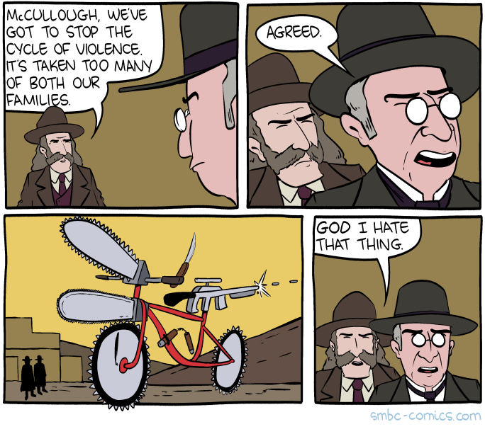 I'm not sure why, but I find the idea that the bicycle has a switchblade to be comedy gold.